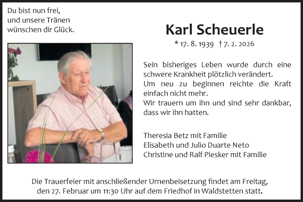  Traueranzeige für Karl Scheuerle vom 21.02.2026 aus Gmünder Tagespost