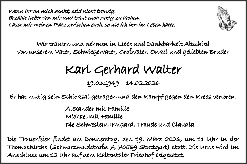  Traueranzeige für Karl Gerhard Walter vom 21.02.2026 aus Gmünder Tagespost