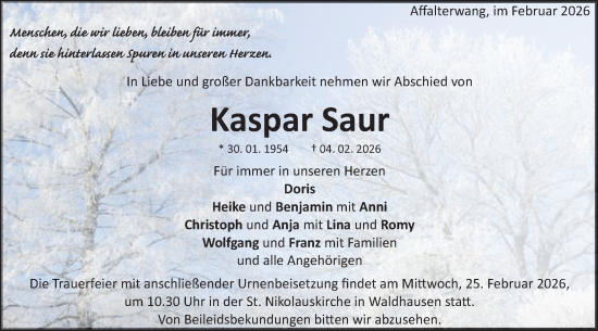 Traueranzeige von Kaspar Saur von Schwäbische Post