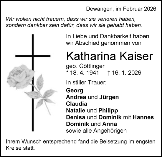 Traueranzeige von Katharina Kaiser von Schwäbische Post