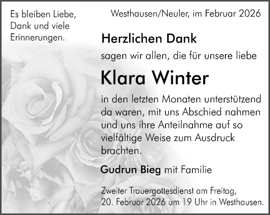 Traueranzeige von Klara Winter von Schwäbische Post