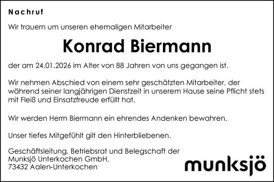 Traueranzeige von Konrad Biermann von Schwäbische Post