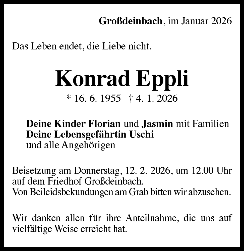  Traueranzeige für Konrad Epph vom 07.02.2026 aus Gmünder Tagespost