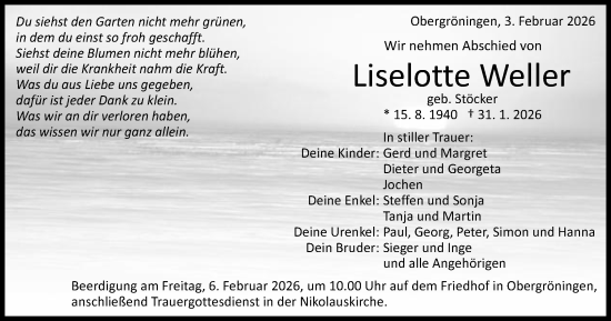 Traueranzeige von Liselotte Weller von Schwäbische Post