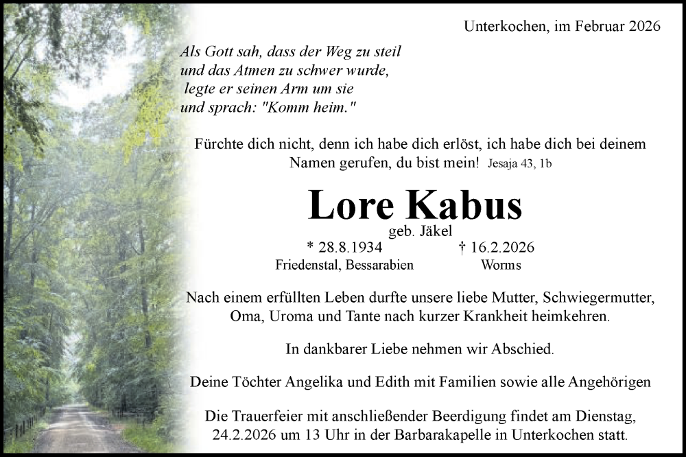  Traueranzeige für Lore Kabus vom 20.02.2026 aus Schwäbische Post
