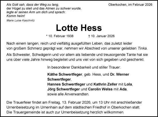 Traueranzeige von Lotte Hess von Schwäbische Post