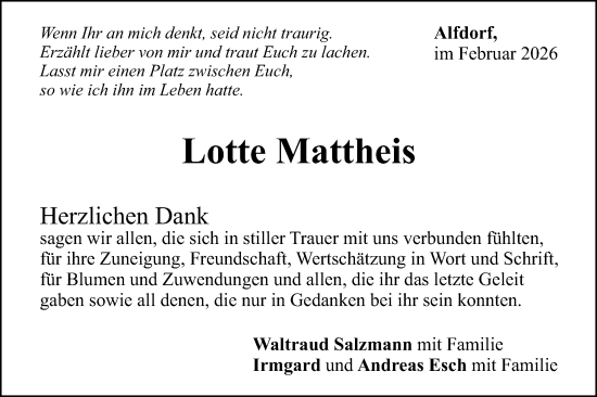 Traueranzeige von Lotte Mattheis von Gmünder Tagespost