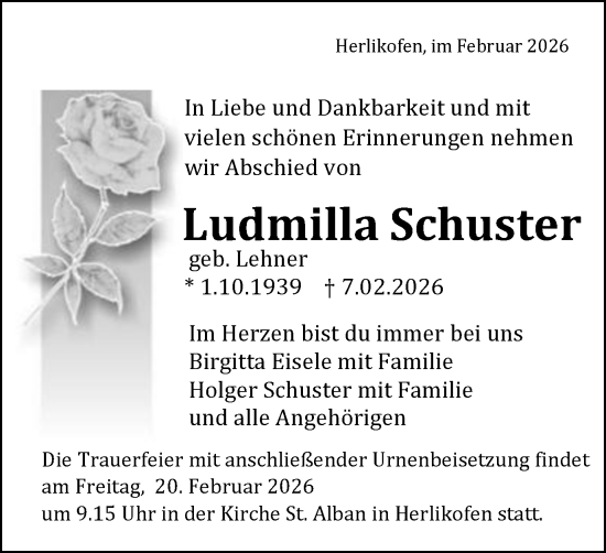 Traueranzeige von Ludmilla Schuster von Gmünder Tagespost
