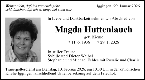 Traueranzeige von Magda Huttenlauch von Gmünder Tagespost