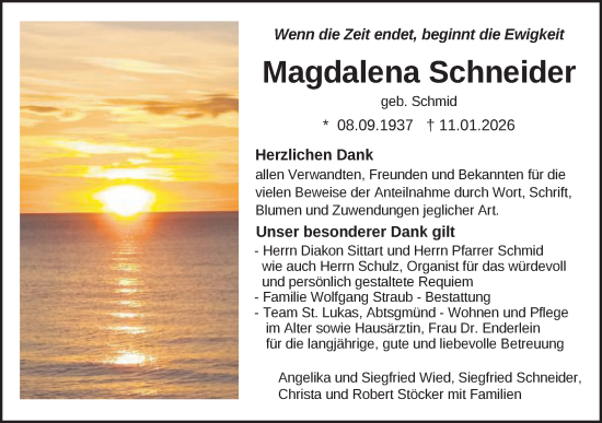 Traueranzeige von Magdalena Schneider von Schwäbische Post