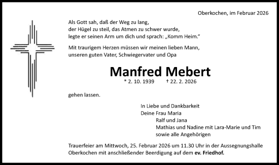 Traueranzeige von Manfred Mebert von Schwäbische Post