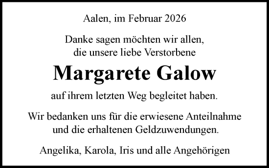 Traueranzeige von Margarete Galow von Schwäbische Post
