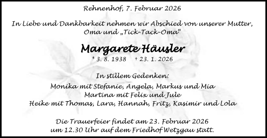 Traueranzeige von Margarete Häussler von Gmünder Tagespost