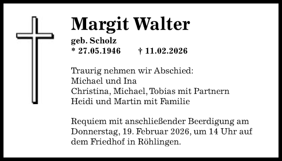Traueranzeige von Margit Walter von Schwäbische Post