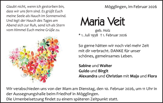 Traueranzeige von Maria Veit von Gmünder Tagespost