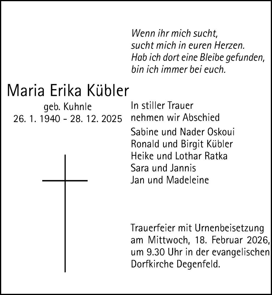  Traueranzeige für Maria Erika Kübler vom 11.02.2026 aus Gmünder Tagespost