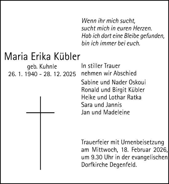 Traueranzeige von Maria Erika Kübler von Gmünder Tagespost