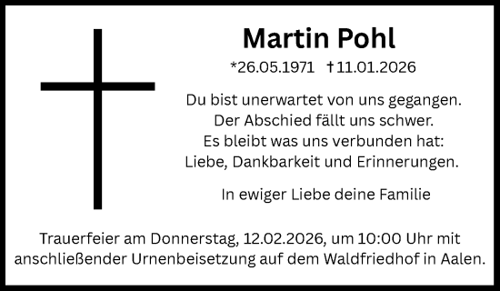 Traueranzeige von Martin Pohl von Schwäbische Post