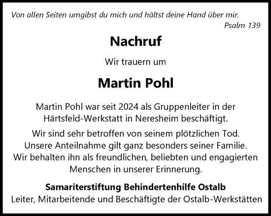 Traueranzeige von Martin Pohl von Schwäbische Post
