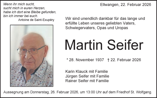 Traueranzeige von Martin Seifer von Schwäbische Post