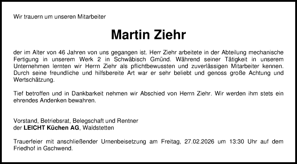  Traueranzeige für Martin Ziehr vom 25.02.2026 aus Gmünder Tagespost