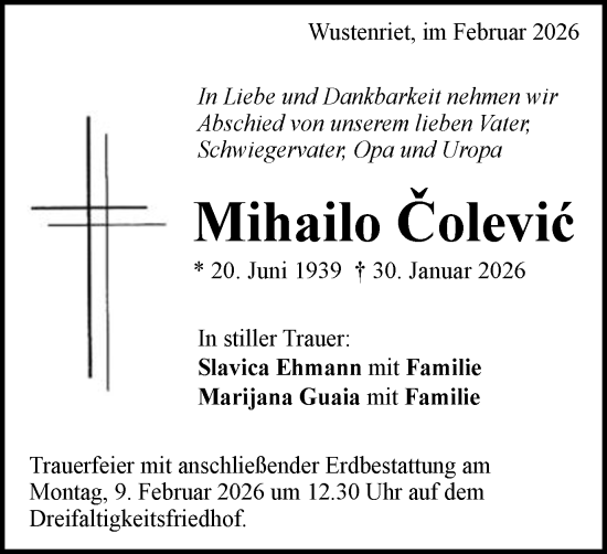 Traueranzeige von Mihailo Čolević von Gmünder Tagespost