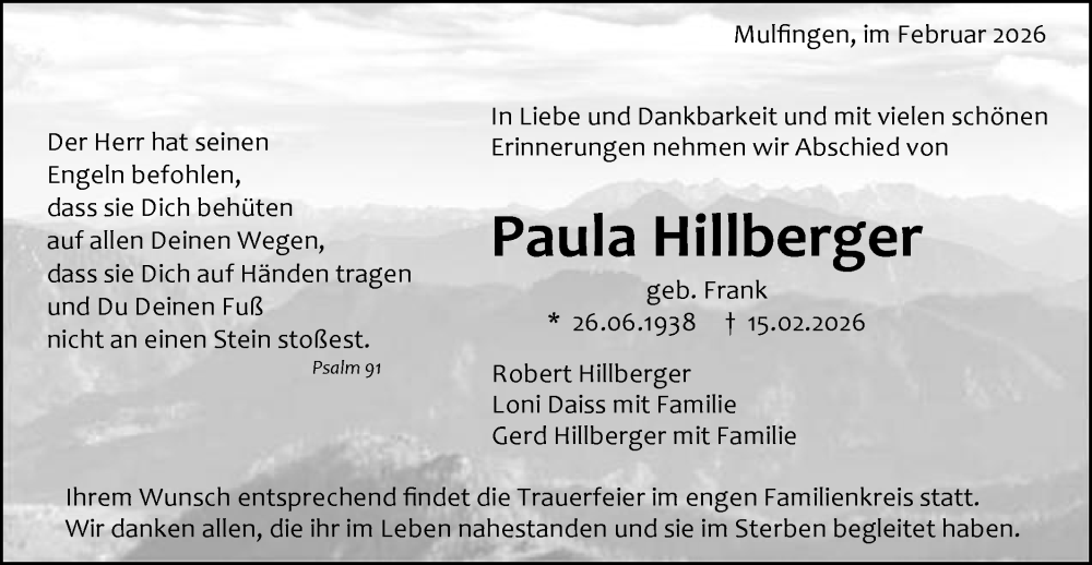 Traueranzeige für Paula Hillberger vom 26.02.2026 aus Gmünder Tagespost