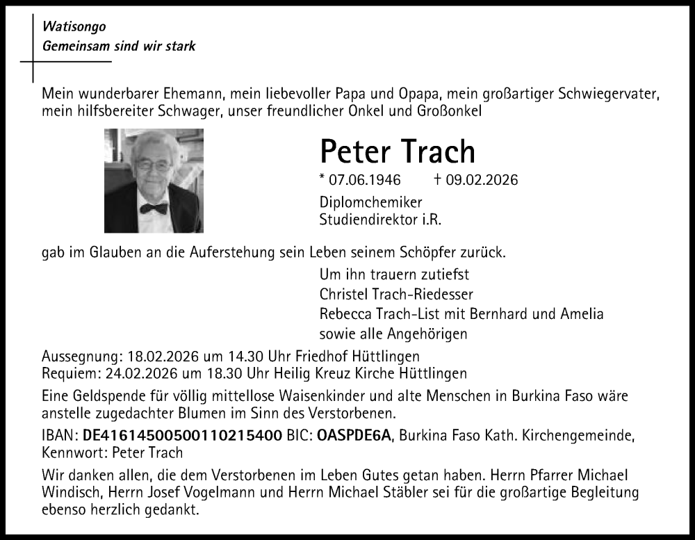  Traueranzeige für Peter Trach vom 14.02.2026 aus Schwäbische Post