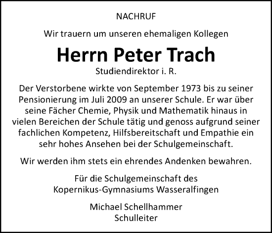 Traueranzeige von Peter Trach von Schwäbische Post