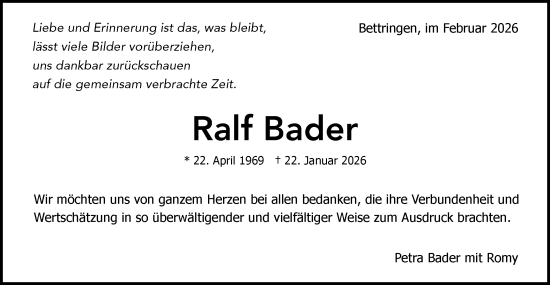 Traueranzeige von Ralf Bader von Gmünder Tagespost
