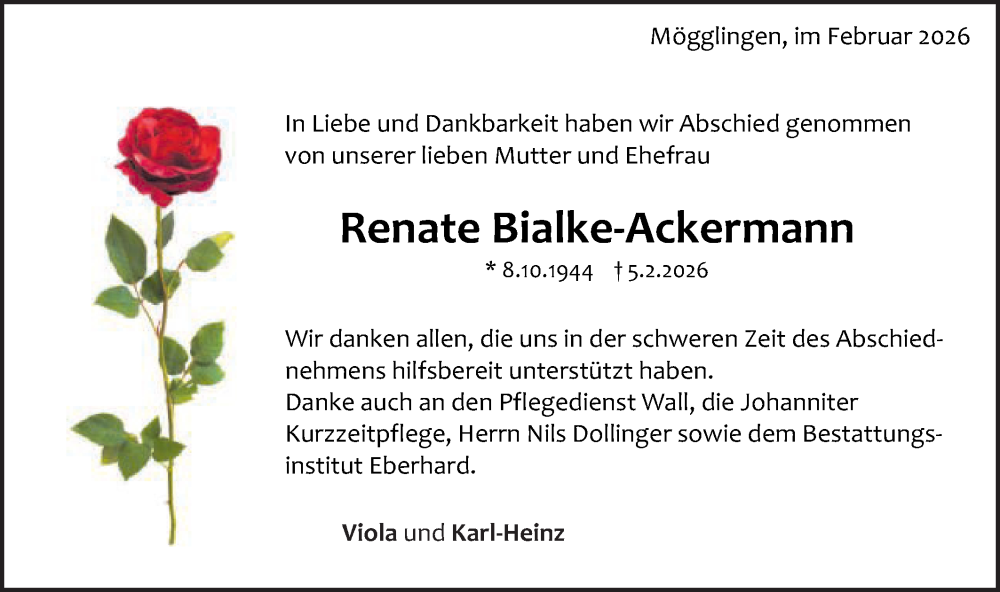  Traueranzeige für Renate Bialke-Ackermann vom 28.02.2026 aus Gmünder Tagespost