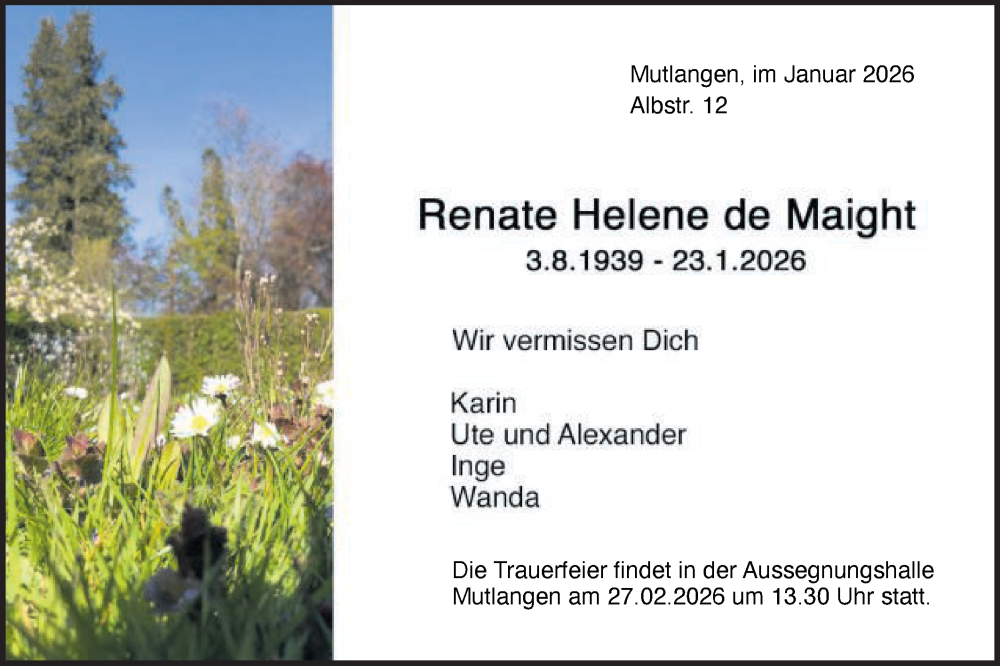  Traueranzeige für Renate Helene de Maight vom 14.02.2026 aus Gmünder Tagespost