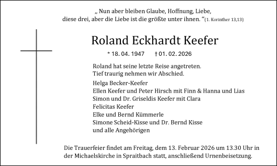 Traueranzeige von Roland Eckhardt Keefer von Gmünder Tagespost