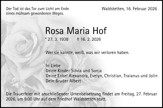 Traueranzeige von Rosa Maria Hof von Gmünder Tagespost