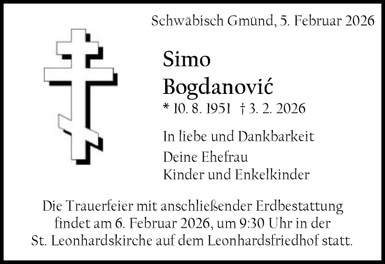 Traueranzeige von Simo Bogdanović von Gmünder Tagespost