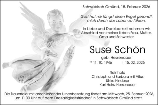 Traueranzeige von Suse Schön von Gmünder Tagespost