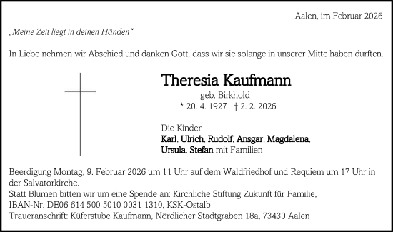 Traueranzeige von Theresia Kaufmann von Schwäbische Post