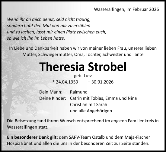 Traueranzeige von Theresia Strobel von Schwäbische Post