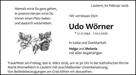 Traueranzeige von Udo Wörner von Gmünder Tagespost