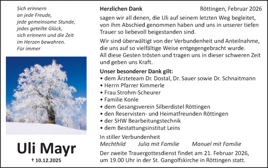 Traueranzeige von Uli Mayr von Schwäbische Post