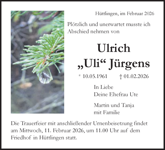 Traueranzeige von Ulrich Jürgens von Schwäbische Post
