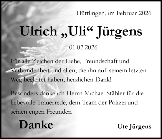 Traueranzeige von Ulrich Jürgens von Schwäbische Post