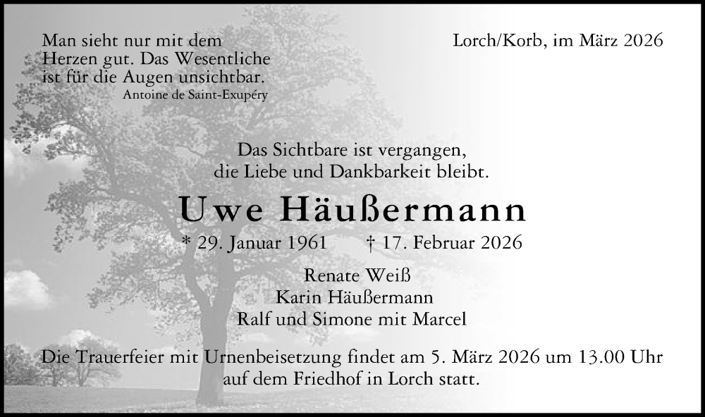 Traueranzeige für Uwe Häußermann vom 28.02.2026 aus Gmünder Tagespost