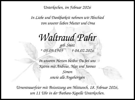 Traueranzeige von Waltraud Pahr von Schwäbische Post
