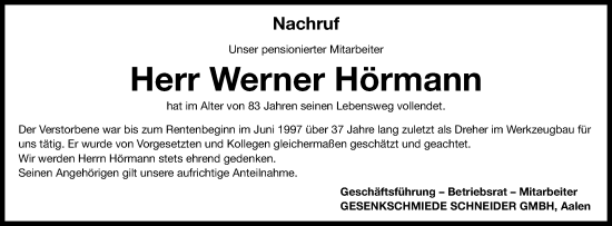 Traueranzeige von Werner Hörmann von Schwäbische Post