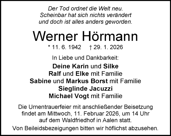 Traueranzeige von Werner Hörmann von Schwäbische Post