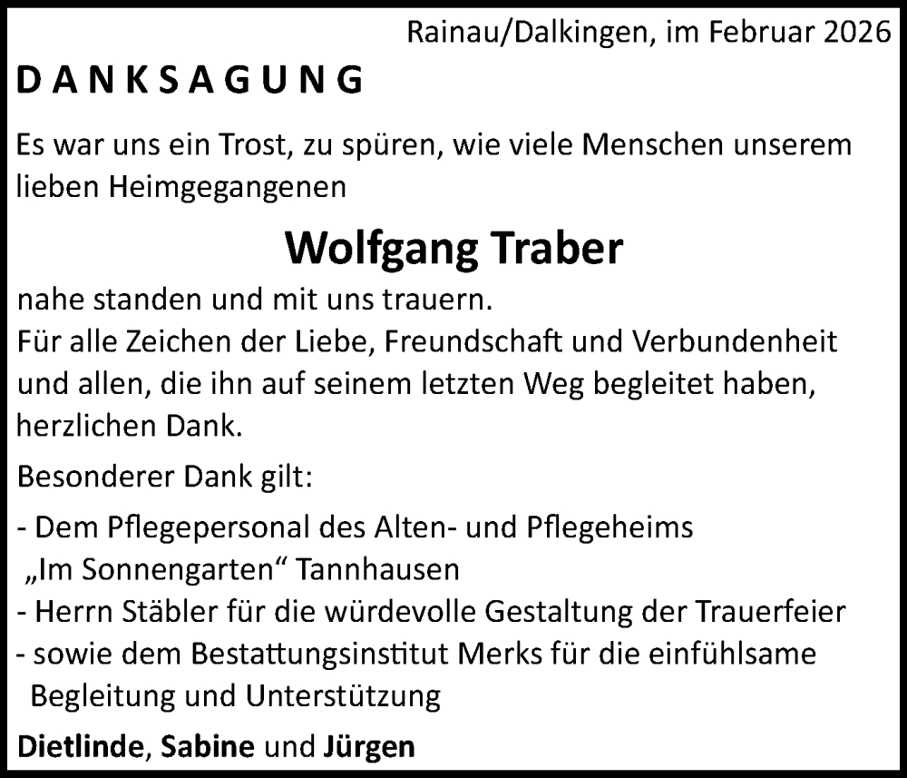  Traueranzeige für Wolfgang Traber vom 12.02.2026 aus Schwäbische Post