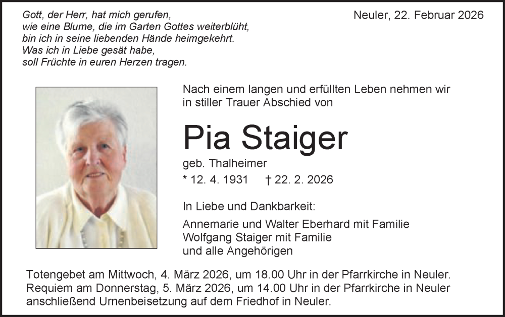  Traueranzeige für Pia Staiger vom 02.03.2026 aus Schwäbische Post